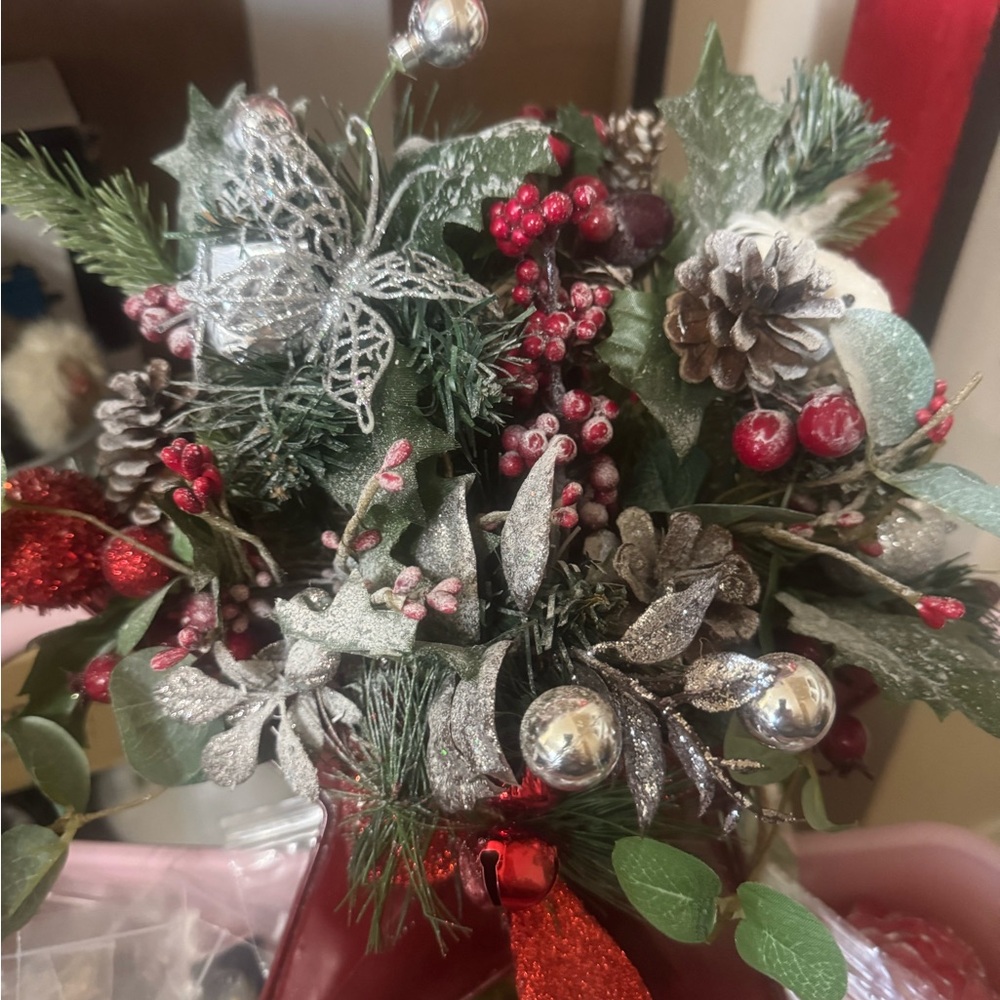 Elegant Holiday Floral Centerpiece with Red and Silver Highlights